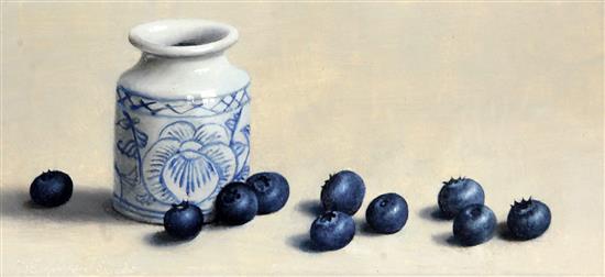 Willem Dolphyn (1935-) Blueberries and a white pot, 3.5 x 7.5in.